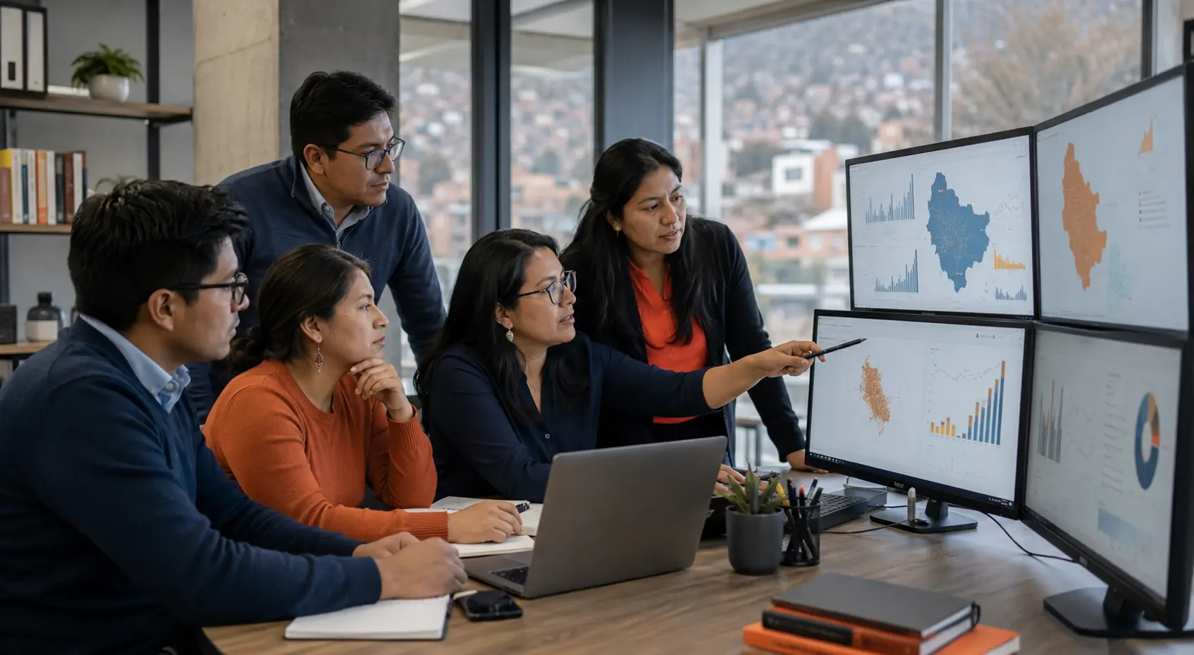 Equipo boliviano trabajando con datos y análisis político